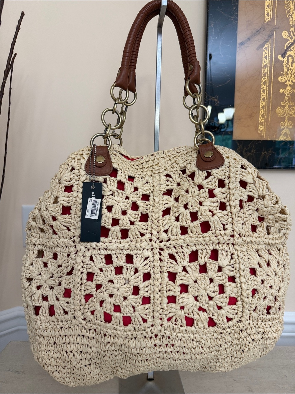 Olivia + Joy Cream Woven Tote with Red Liner and Brown Handles